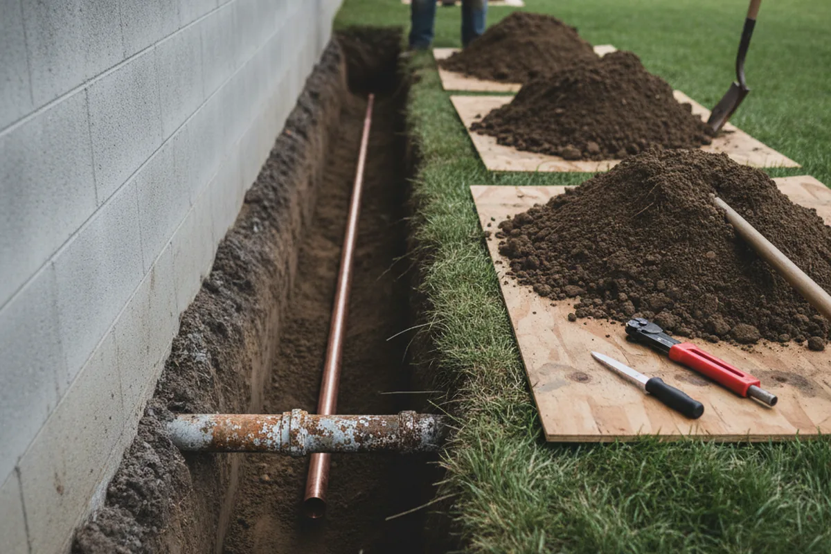 Excavated water line trench during Sewer Line Repair in Pine Mountain Club